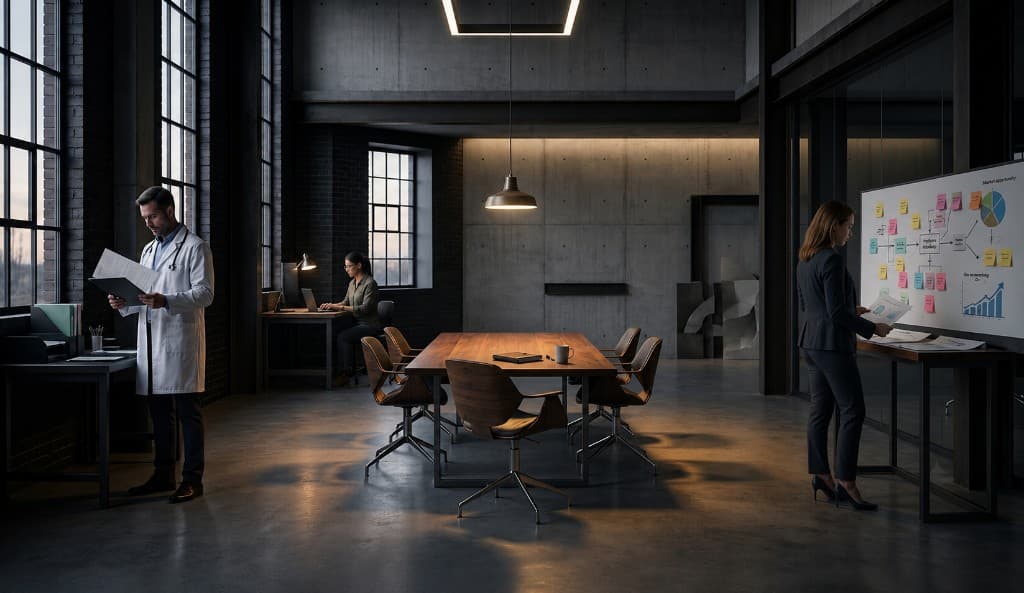 A dark innovation workspace with an empty collaboration table at its center, while a doctor, strategist, and engineer work alone at the edges of the room — never together.